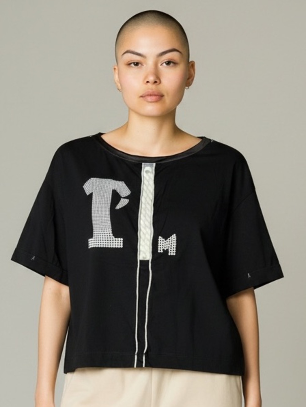 Elisa Cavaletti Black and White Rhinestone Embellished Short Sleeve Top